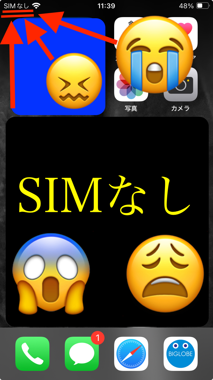 SIMなしと表示されたスマホ画面（BIGLOBE）